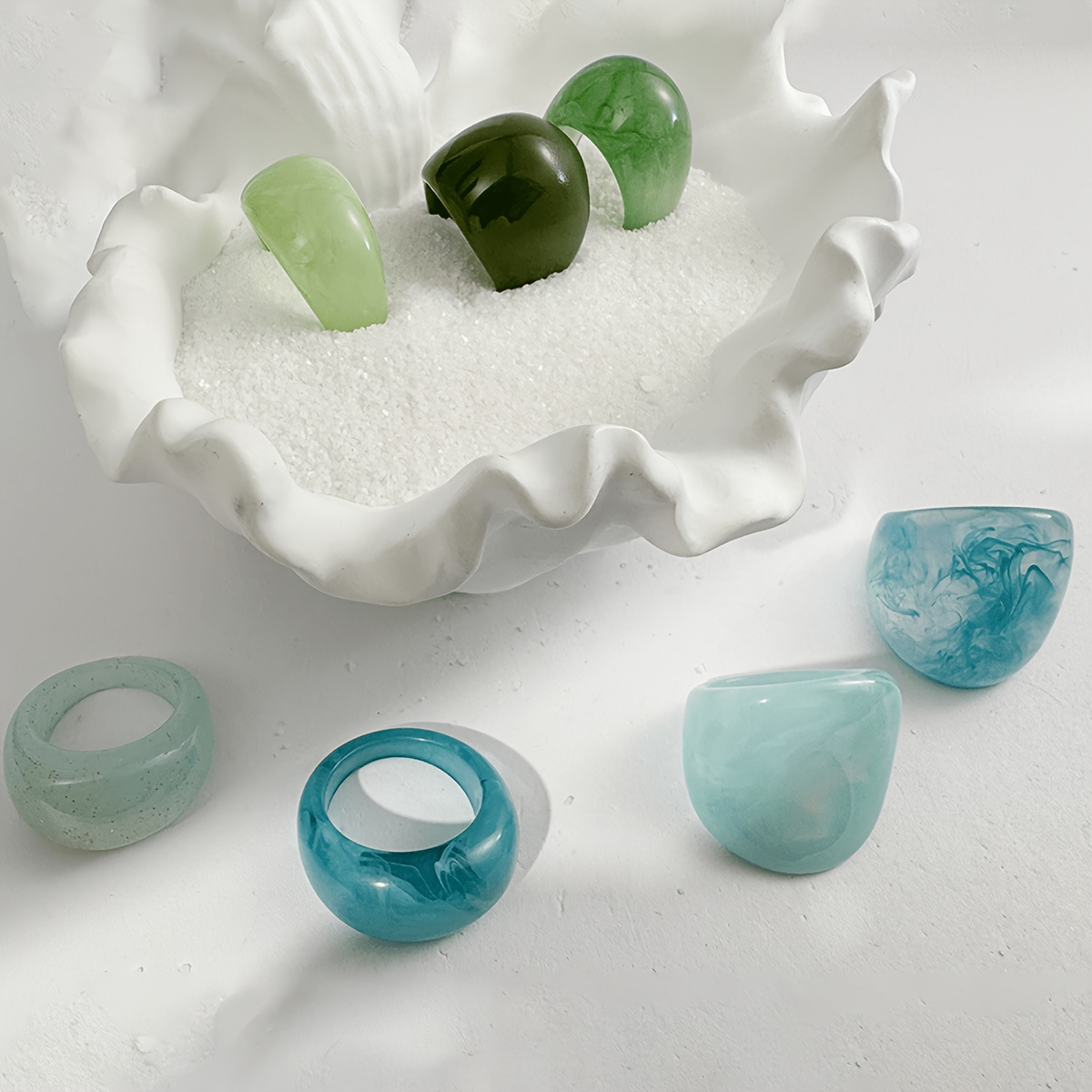 7pc Women's Green & Blue Wide Resin Ring Set, Vacation Style